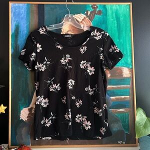 Nicole Miller Black Top with Pink Floral Design Small